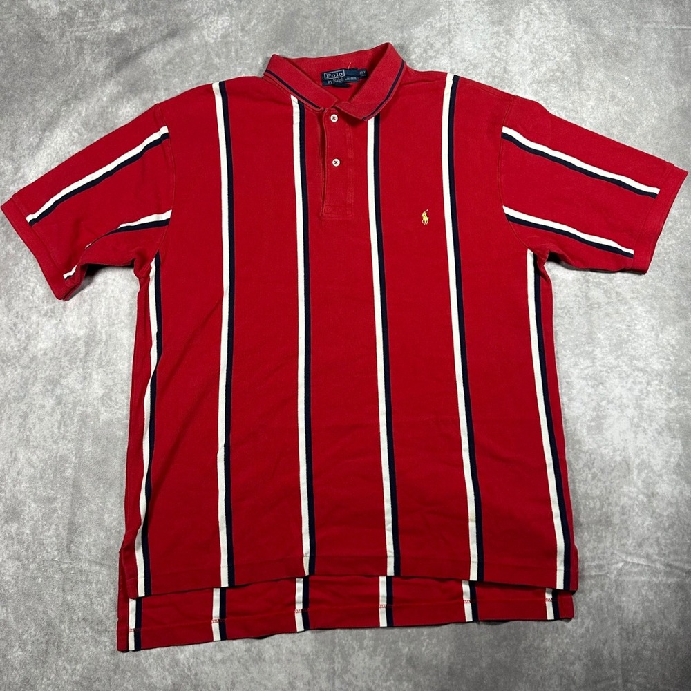 VTG Polo Ralph Lauren Mens XLT Tall Red Striped Polo Shirt Preppy Rugby Retro